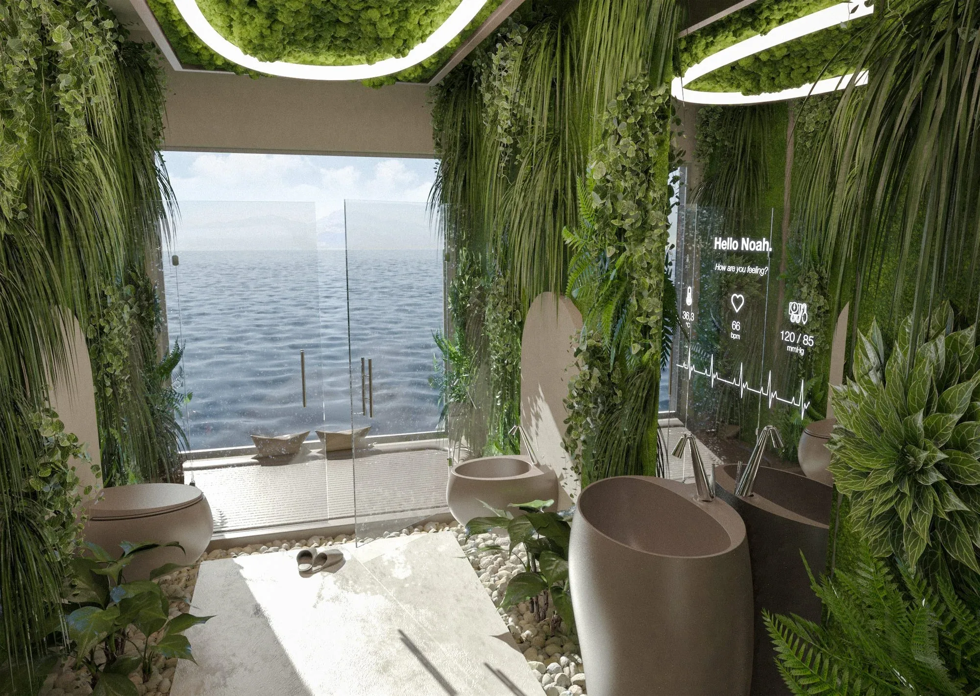 Bagno di ARCA con pareti verdi per la fitodepurazione, lavabi a colonna e una vetrata aperta sull'acqua: render 3D fotorealistico