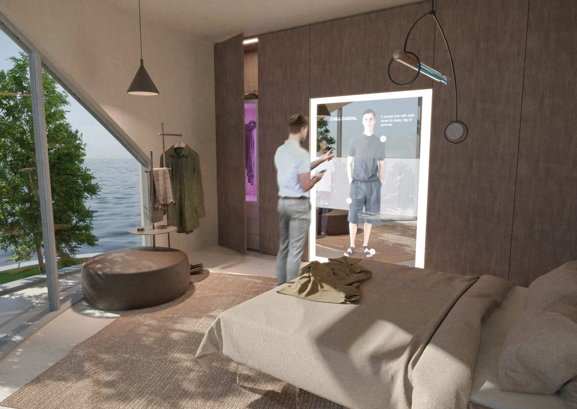 Camera di ARCA con il letto, l'armadio e lo smart mirror a realtà aumentata davanti a cui un uomo prova un abito: render 3D fotorealistico