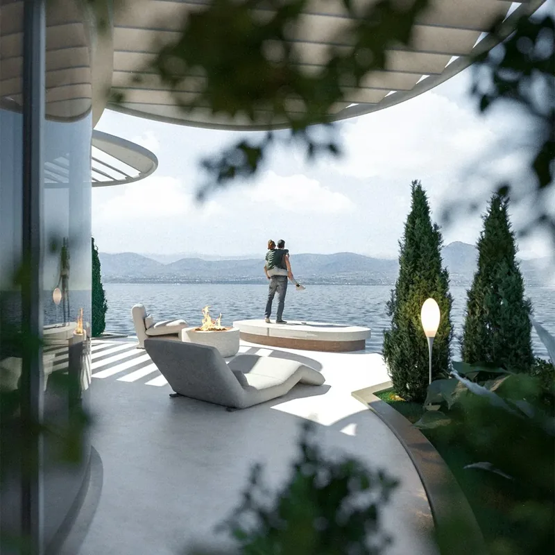 Terrazza del modulo abitativo galleggiante ARCA affacciata sull'acqua, con sdraio bianche, cipressi e una persona in piedi: render 3D