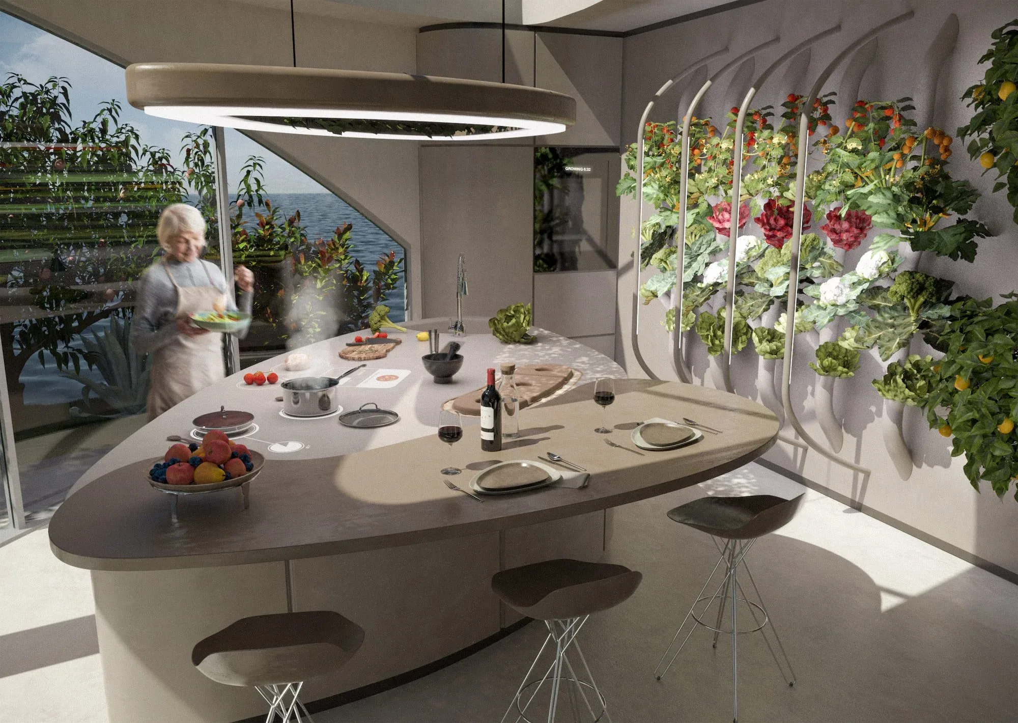 Cucina di ARCA con la parete idroponica di piante, il piano di lavoro smart a isola e una donna che cucina: render 3D fotorealistico