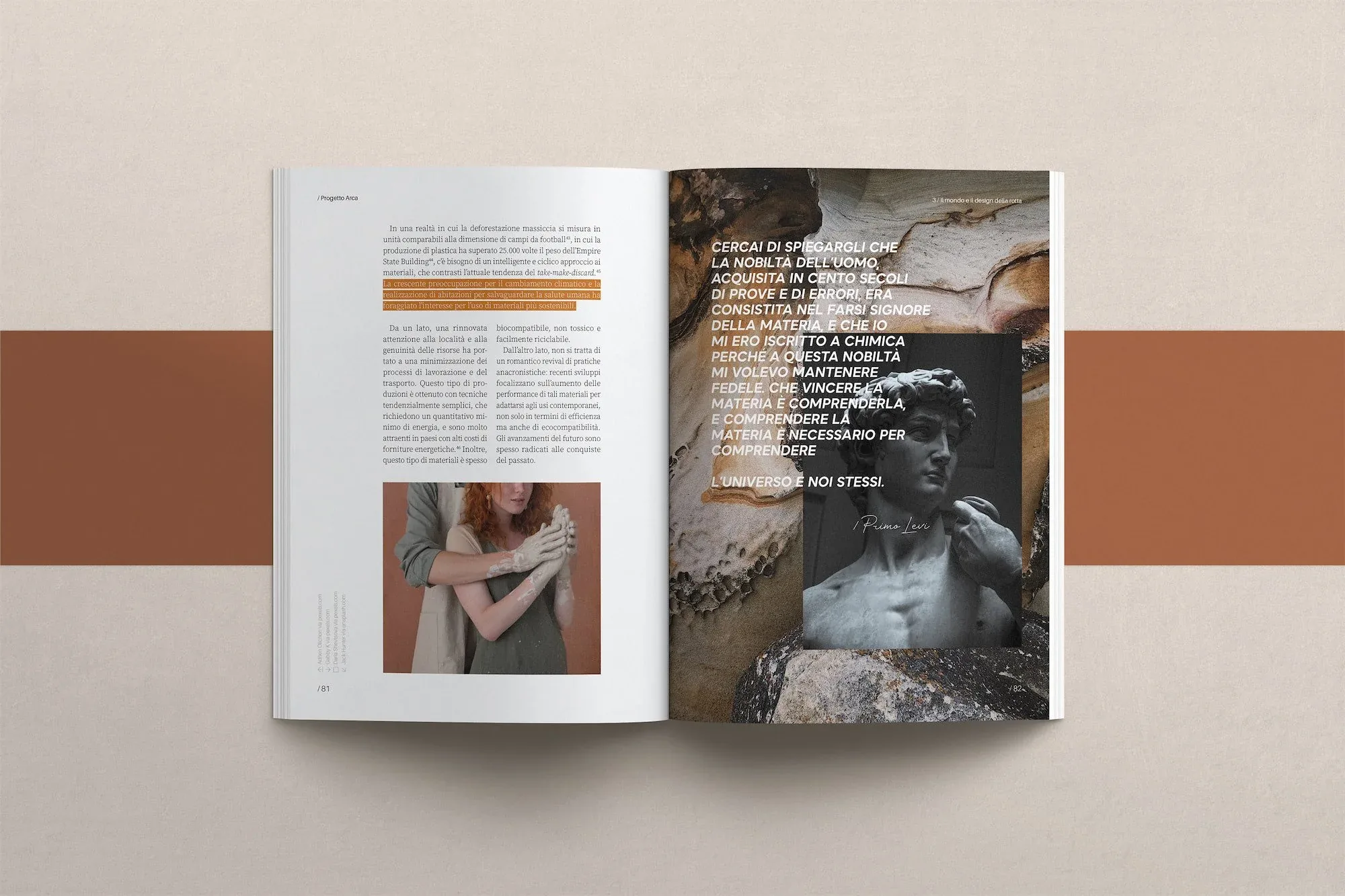 Doppia pagina interna del libro ARCA con colonne di testo, un riquadro arancio e fotografie a colori, su fondo beige e terracotta: impaginato editoriale