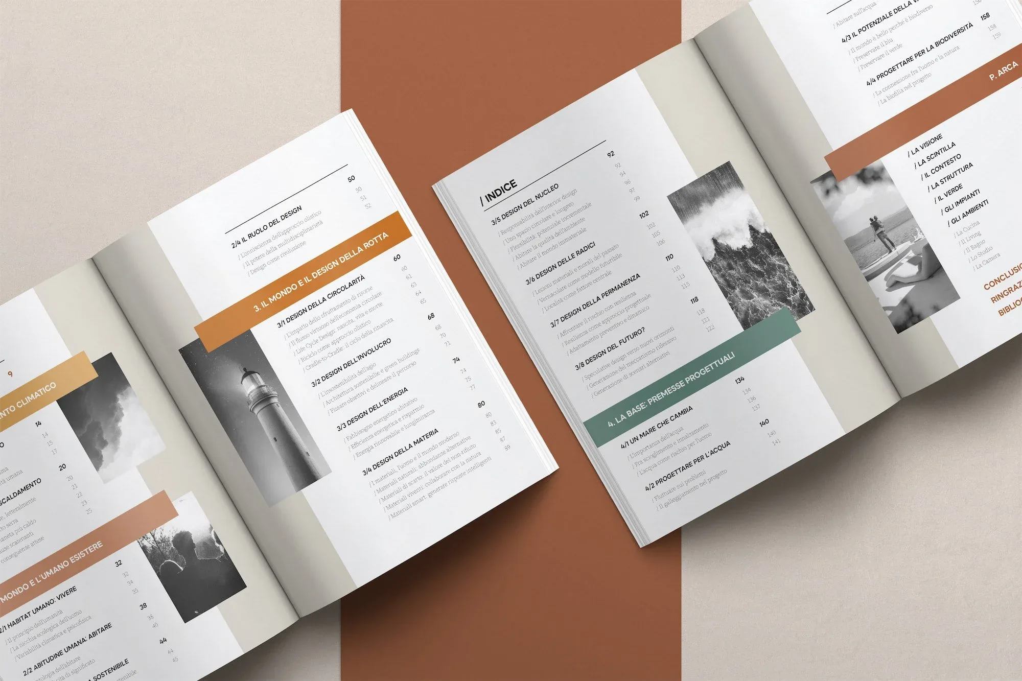 Due doppie pagine del libro ARCA aperte su fondo beige e terracotta, con l'indice e fotografie in bianco e nero: impaginato editoriale B5