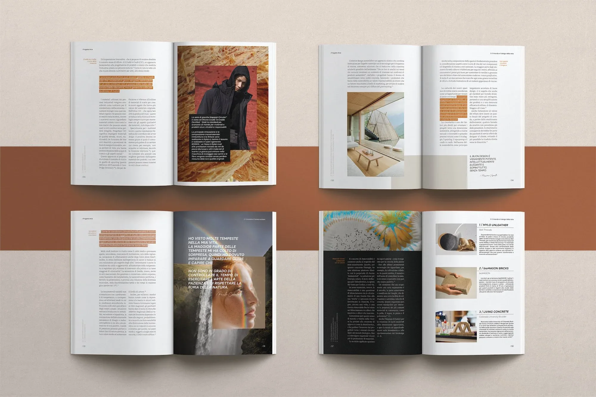 Quattro doppie pagine interne del libro ARCA su fondo beige e terracotta, tra testo, riquadri arancio e fotografie: impaginato editoriale B5