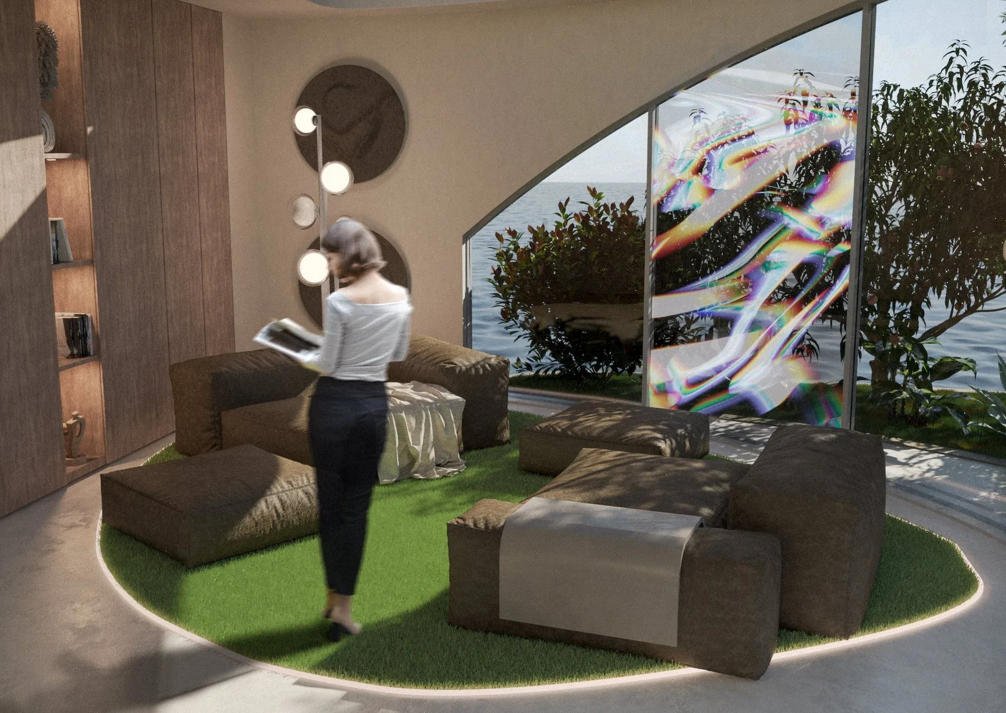 Zona living di ARCA con divani modulari su un tappeto verde e lo schermo OLED trasparente integrato nella vetrata sull'acqua: render 3D