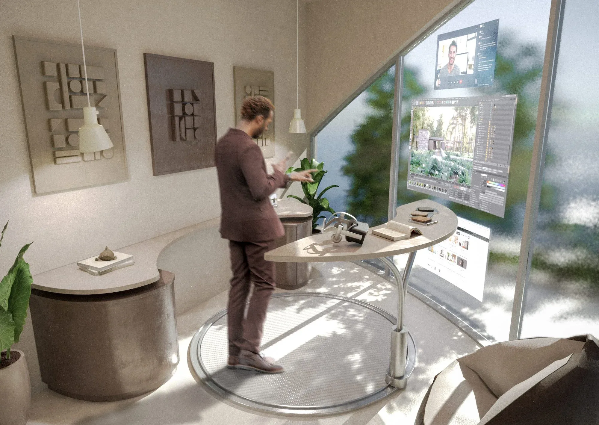 Studio di ARCA per lo smart working, con un uomo in piedi alla scrivania curva, pannelli a parete e schermi sulla vetrata: render 3D