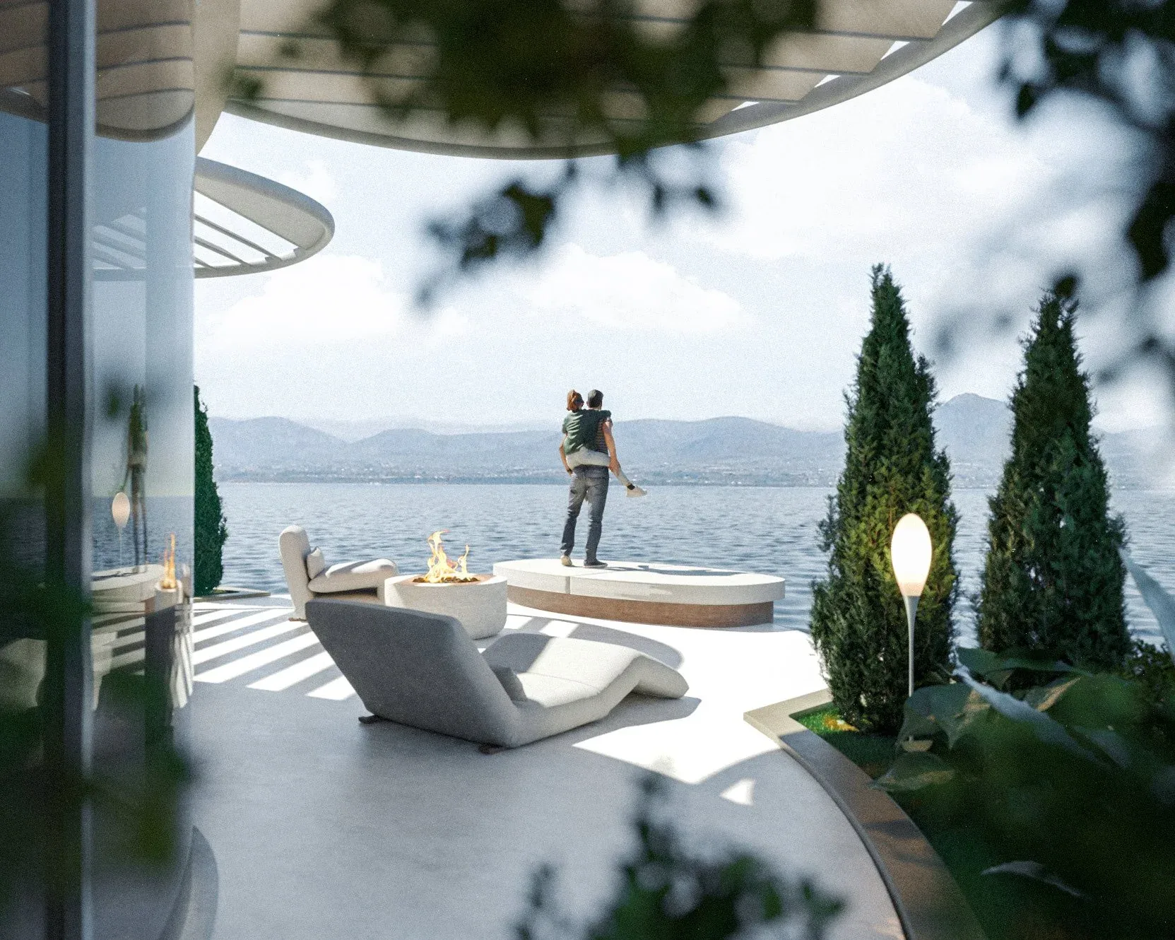 Terrazza esterna di ARCA vista dall'interno, con sdraio bianche, cipressi, lampade a sfera e montagne oltre l'acqua: render 3D fotorealistico