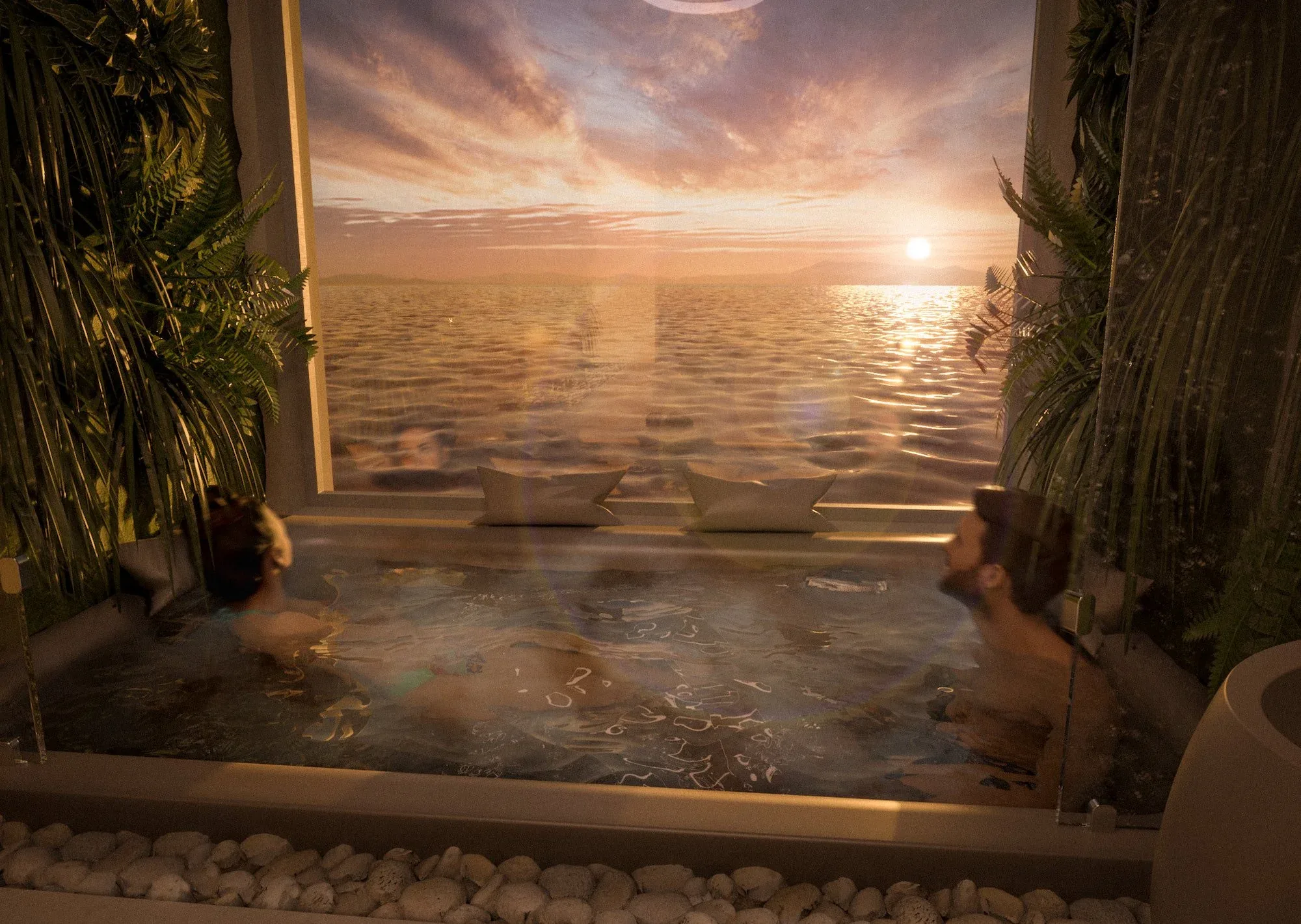 Vasca di ARCA davanti a una vetrata sull'acqua al tramonto, con la luce calda che arriva fino al bordo di ciottoli: render 3D fotorealistico
