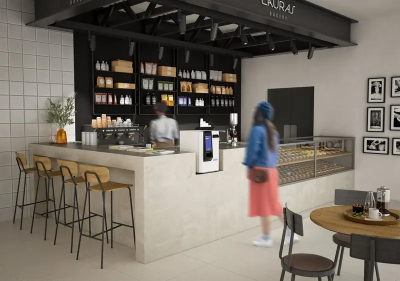 Bar pasticceria con bancone in pietra chiara, sgabelli alti e una cassa automatica Cashmatic sul banco, una cliente in coda: render 3D d'ambiente