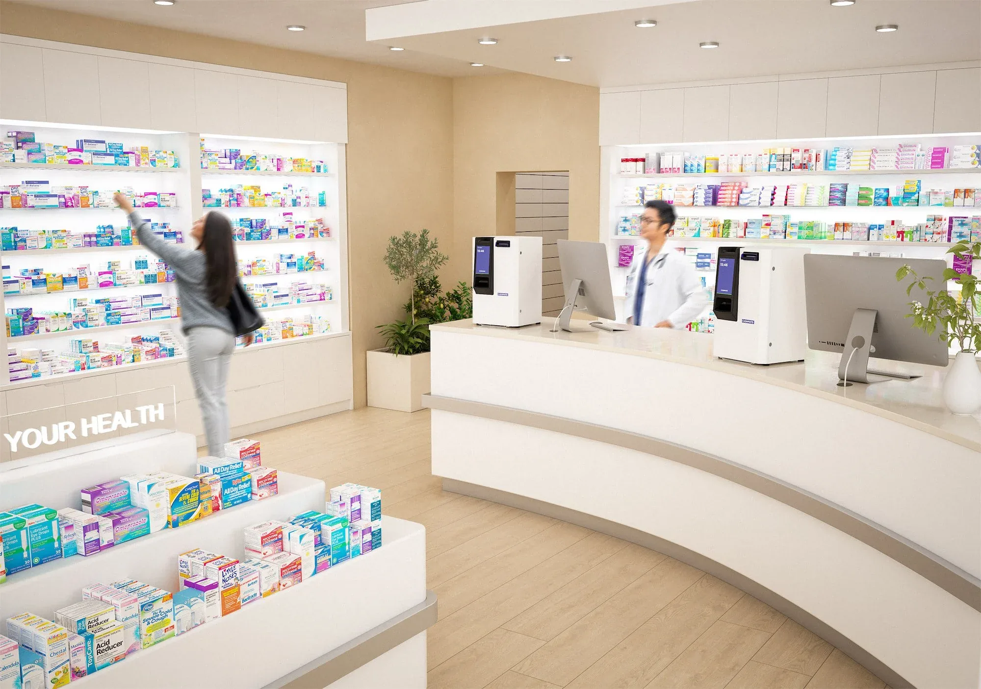 Farmacia con scaffali di prodotti illuminati, bancone bianco curvo e due casse automatiche Cashmatic, un farmacista al banco: render 3D d'ambiente