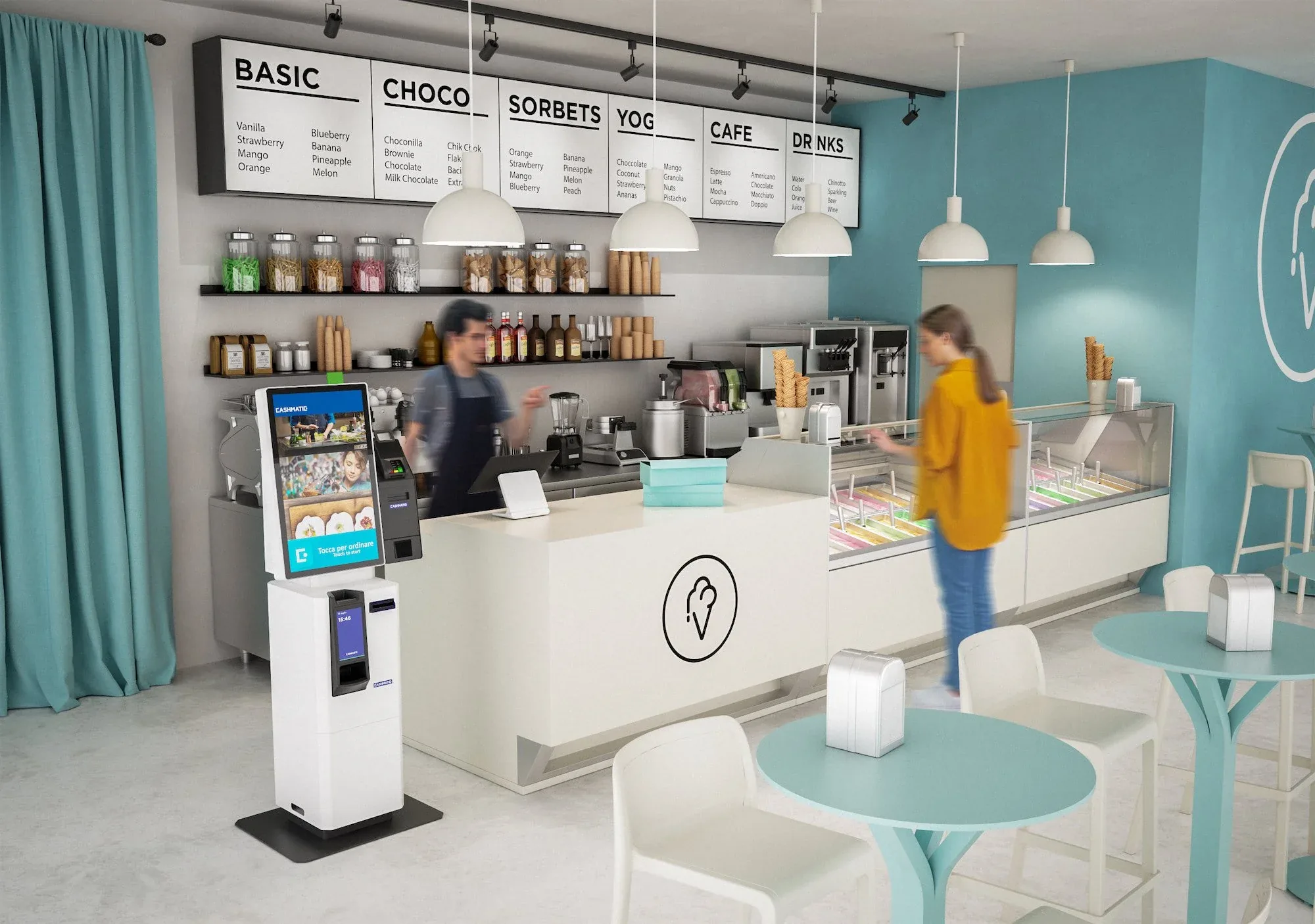 Gelateria azzurra e bianca con il menu appeso, il banco gelati e un chiosco Cashmatic per ordinare, clienti al banco: render 3D d'ambiente