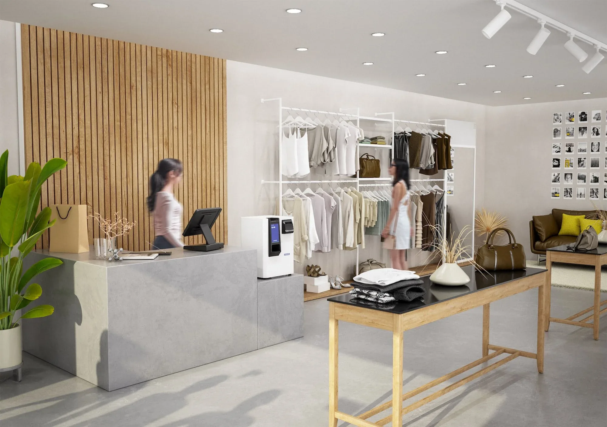 Negozio di abbigliamento con stender, bancone in cemento e la cassa automatica Cashmatic accanto alla commessa: render 3D d'ambiente
