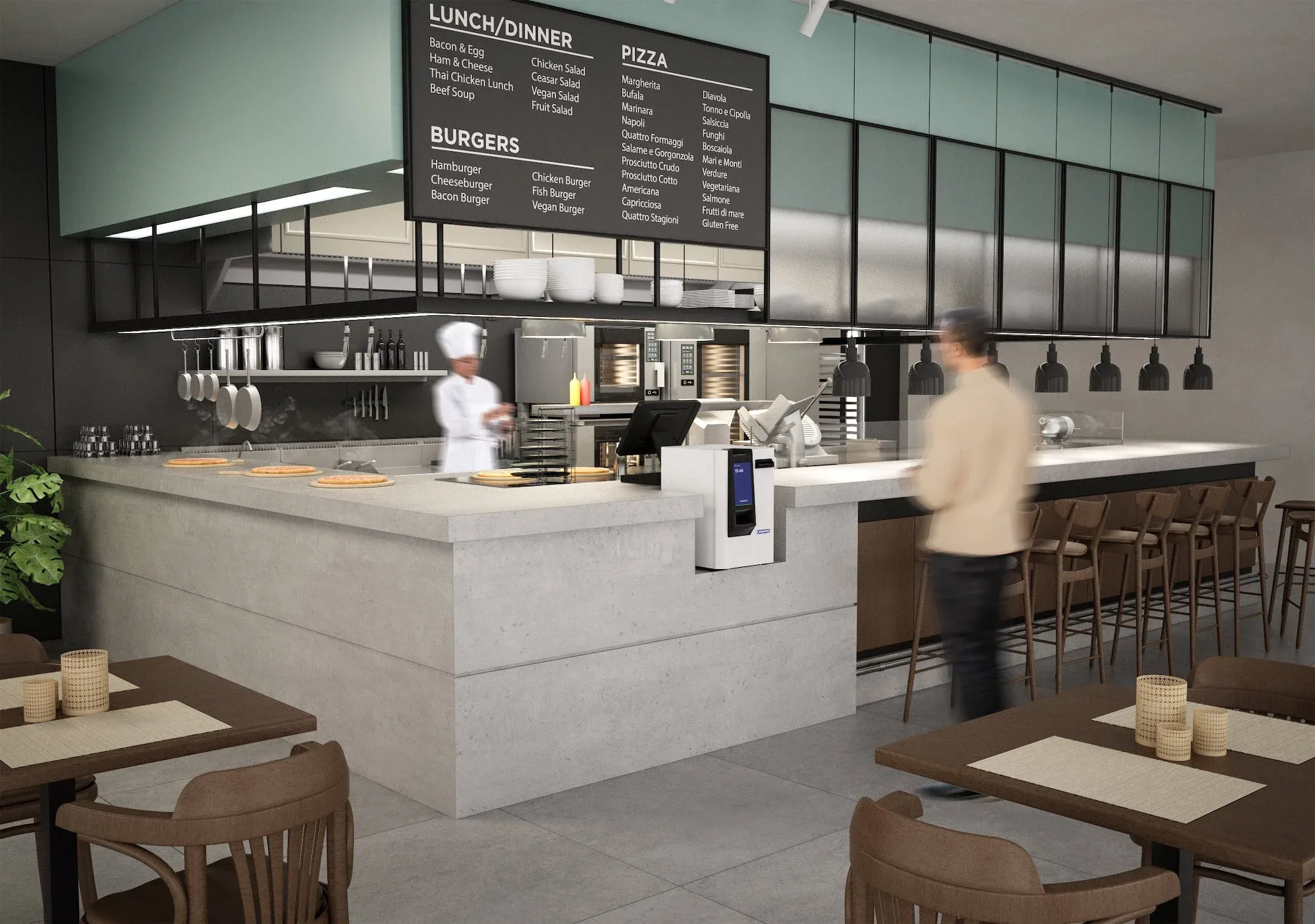 Pizzeria con bancone in cemento, cucina a vista, menu luminoso e una cassa automatica Cashmatic sul banco, clienti in attesa: render 3D d'ambiente