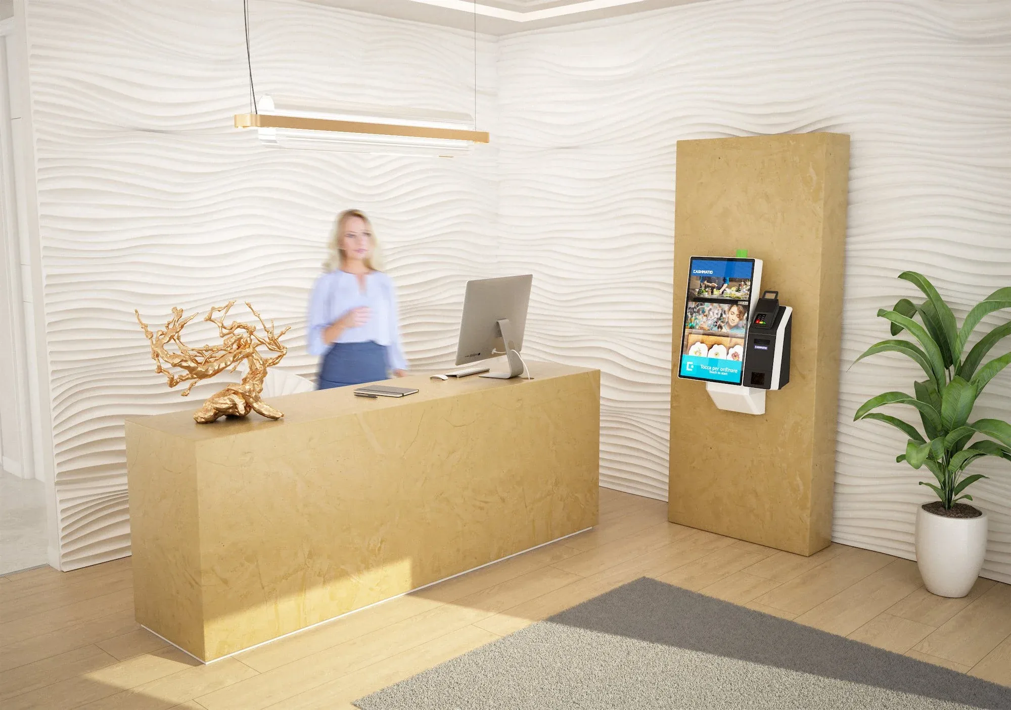 Reception con parete bianca ondulata, banco in legno chiaro e un chiosco Cashmatic a parete su un pannello in legno: render 3D d'ambiente