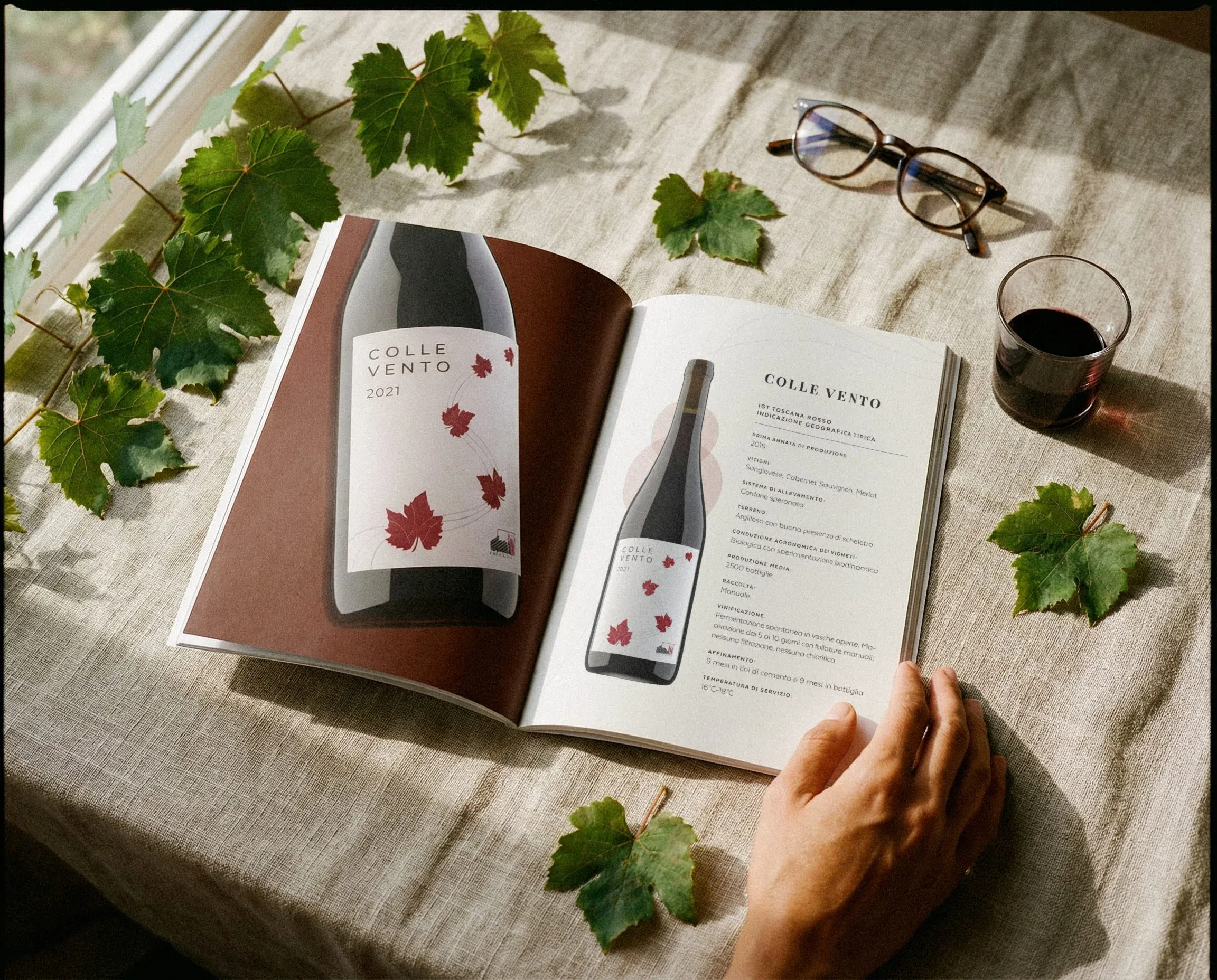 Catalogo prodotti Colle Vento aperto su una tovaglia di lino tra foglie di vite, occhiali e un calice di vino rosso: mockup del catalogo impaginato