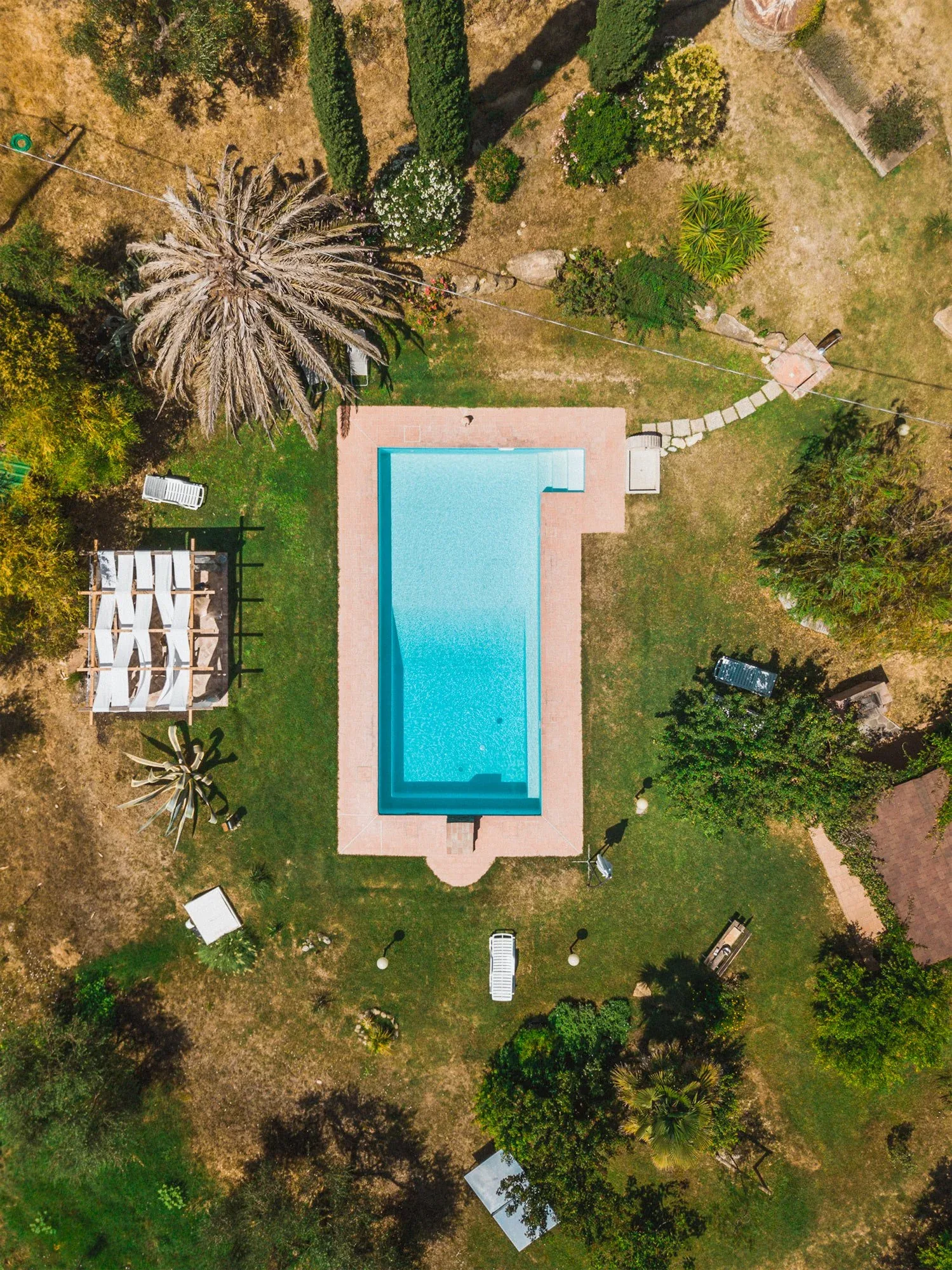 Piscina della tenuta vista dall'alto in verticale, circondata da prato, palme e vialetti: foto aerea dallo shooting fotografico per Colle Vento