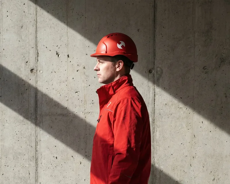 Addetto di profilo con casco e giacca rossi davanti a un muro di cemento in luce radente: mockup del rebranding DEL sull'abbigliamento da lavoro