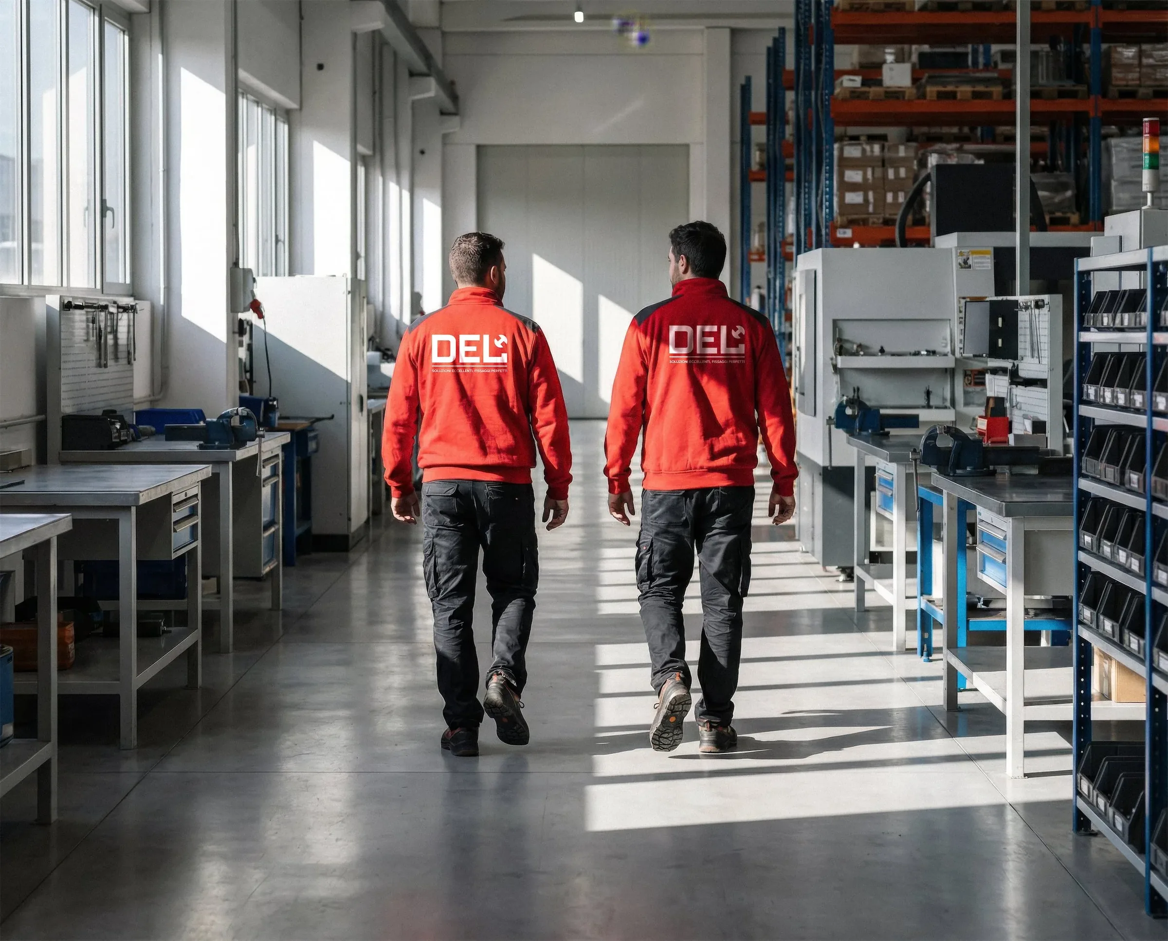 Due addetti di spalle con giacche rosse firmate DEL camminano in un magazzino tra scaffali e banchi da lavoro: mockup del rebranding
