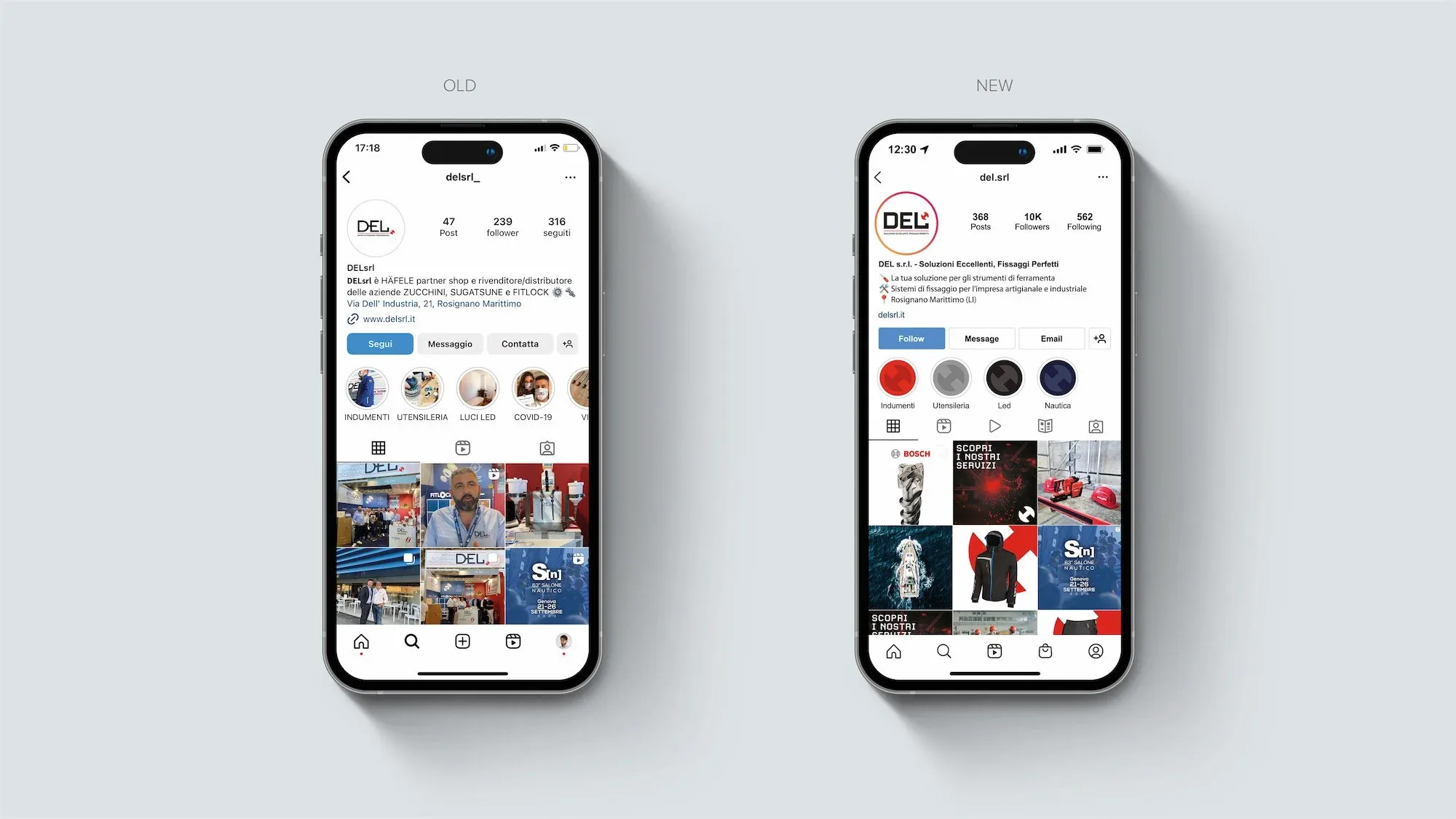 Due smartphone affiancati con il profilo Instagram di DEL prima e dopo il rebranding, etichettati old e new: declinazione social dell'identità