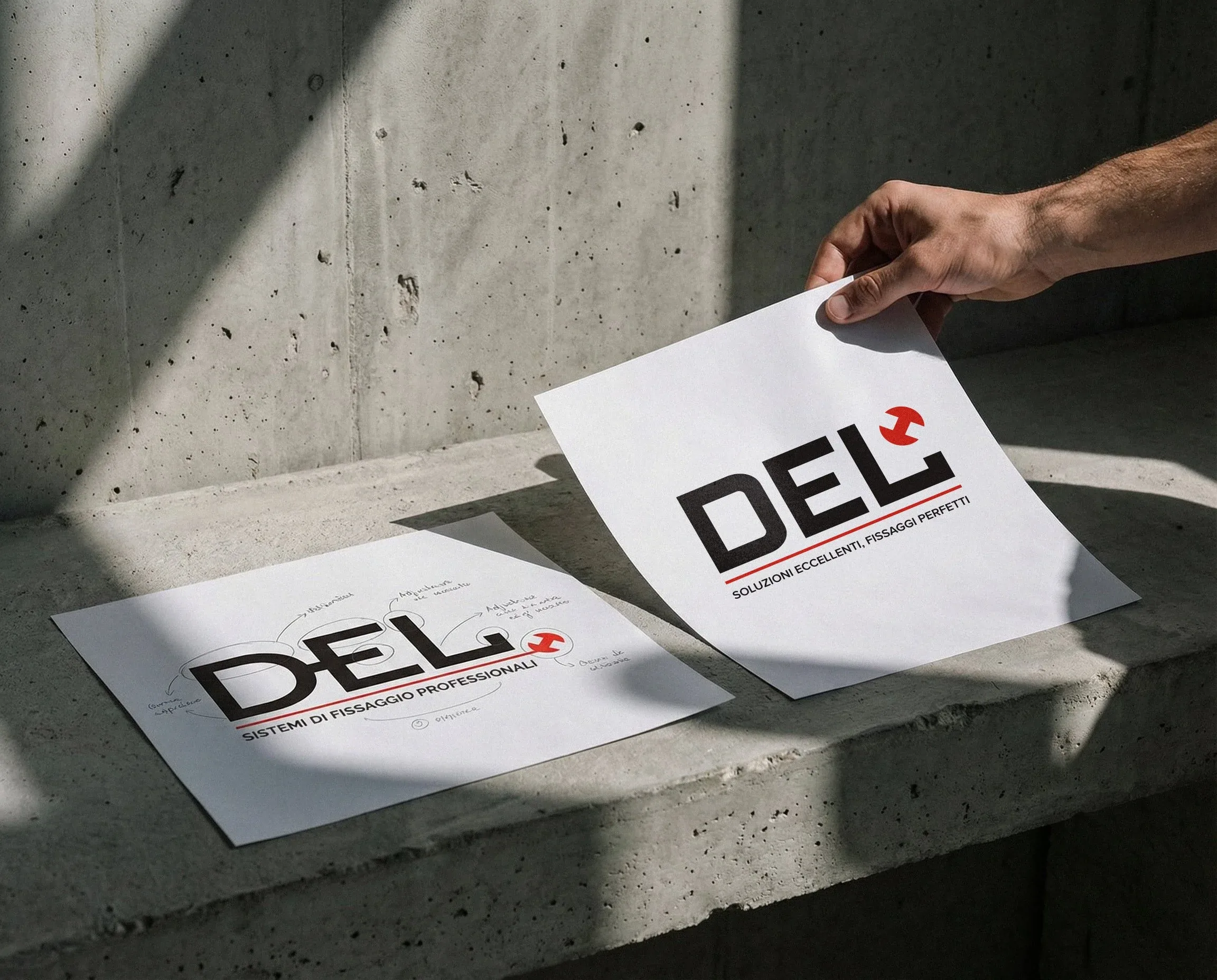 Due fogli sul cemento: il vecchio logo DEL con appunti a mano e il nuovo logo col payoff Soluzioni eccellenti, fissaggi perfetti: restyling del logo