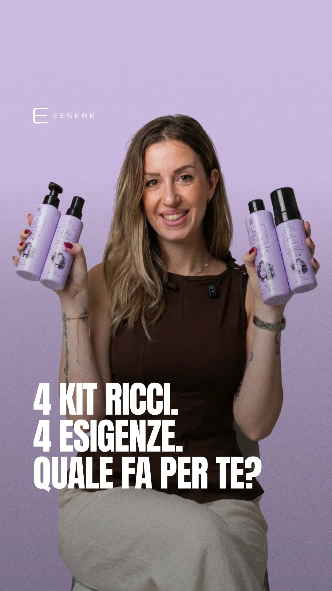 Cover di un reel di Essere Bio: una ragazza tiene i quattro kit per i ricci, col titolo «4 kit ricci, 4 esigenze»