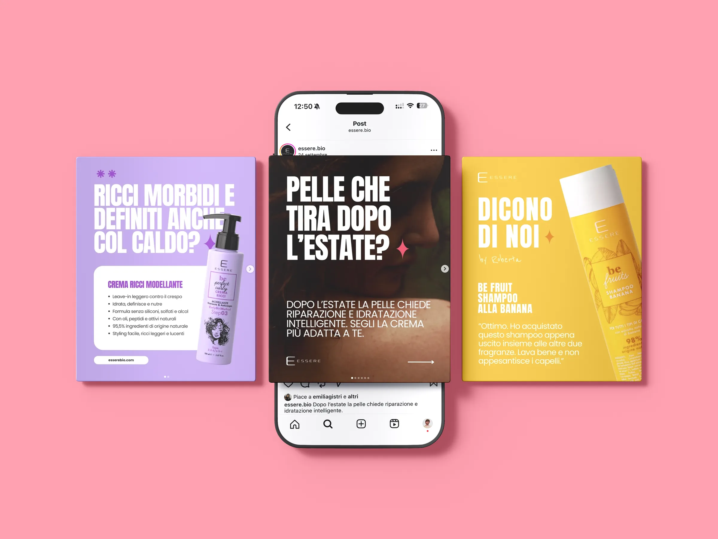 Tre caroselli di Essere Bio attorno a un telefono, ognuno nel colore della sua linea