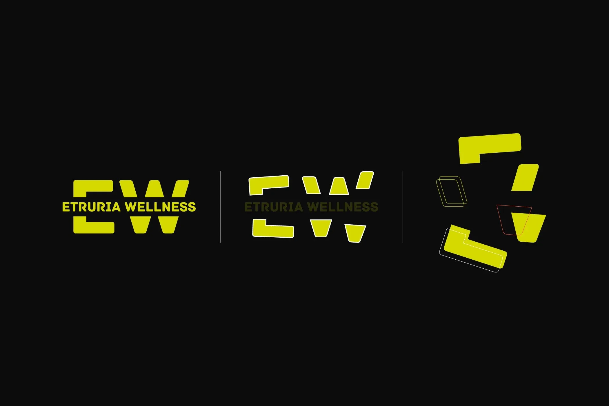 Logo Etruria Wellness in tre versioni giallo-verde su fondo nero, dal monogramma EW col nome alle forme scomposte: brand identity