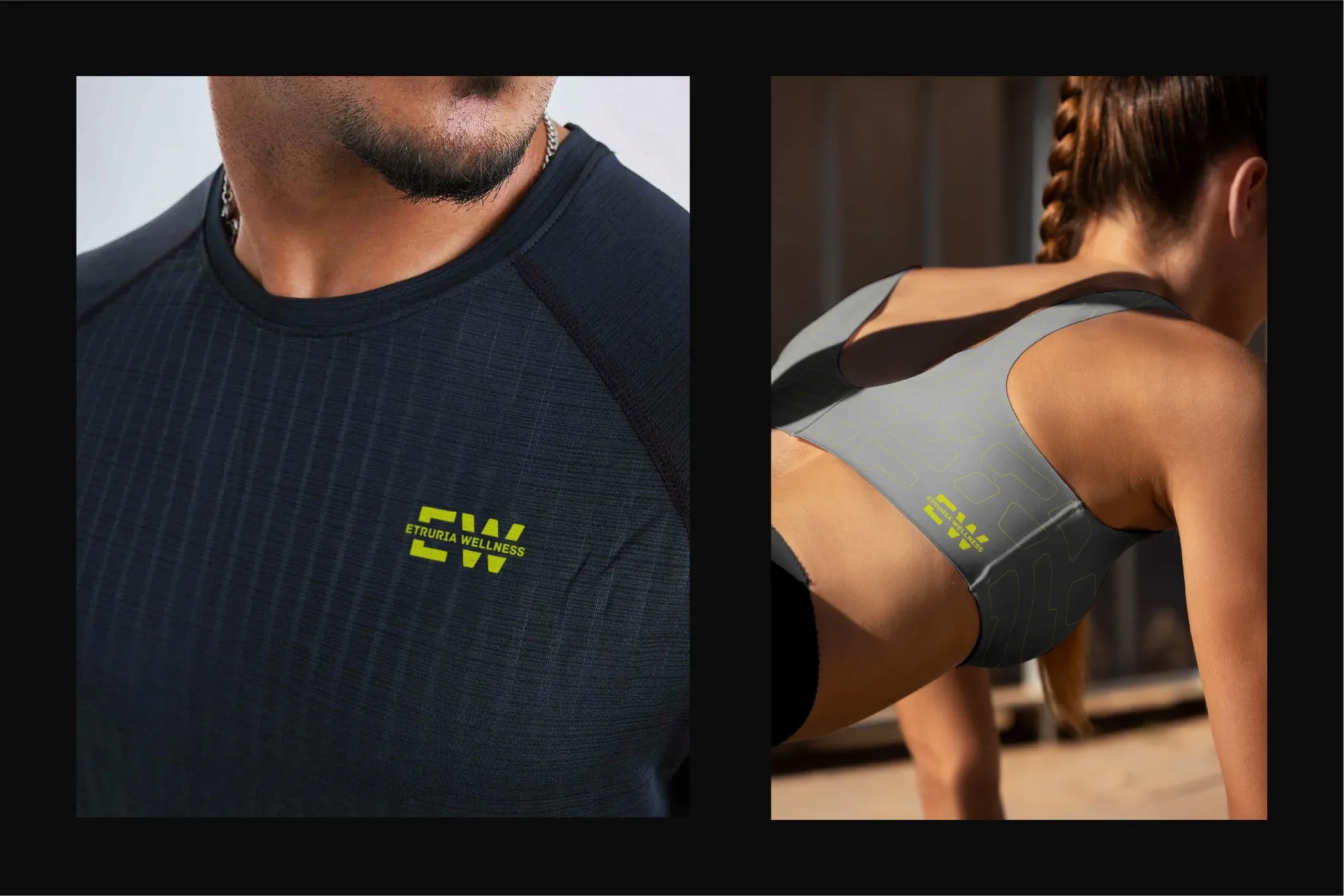 Dettagli della maglia nera e del top sportivo grigio col monogramma EW giallo-verde, indossati: concept di merchandising per Etruria Wellness