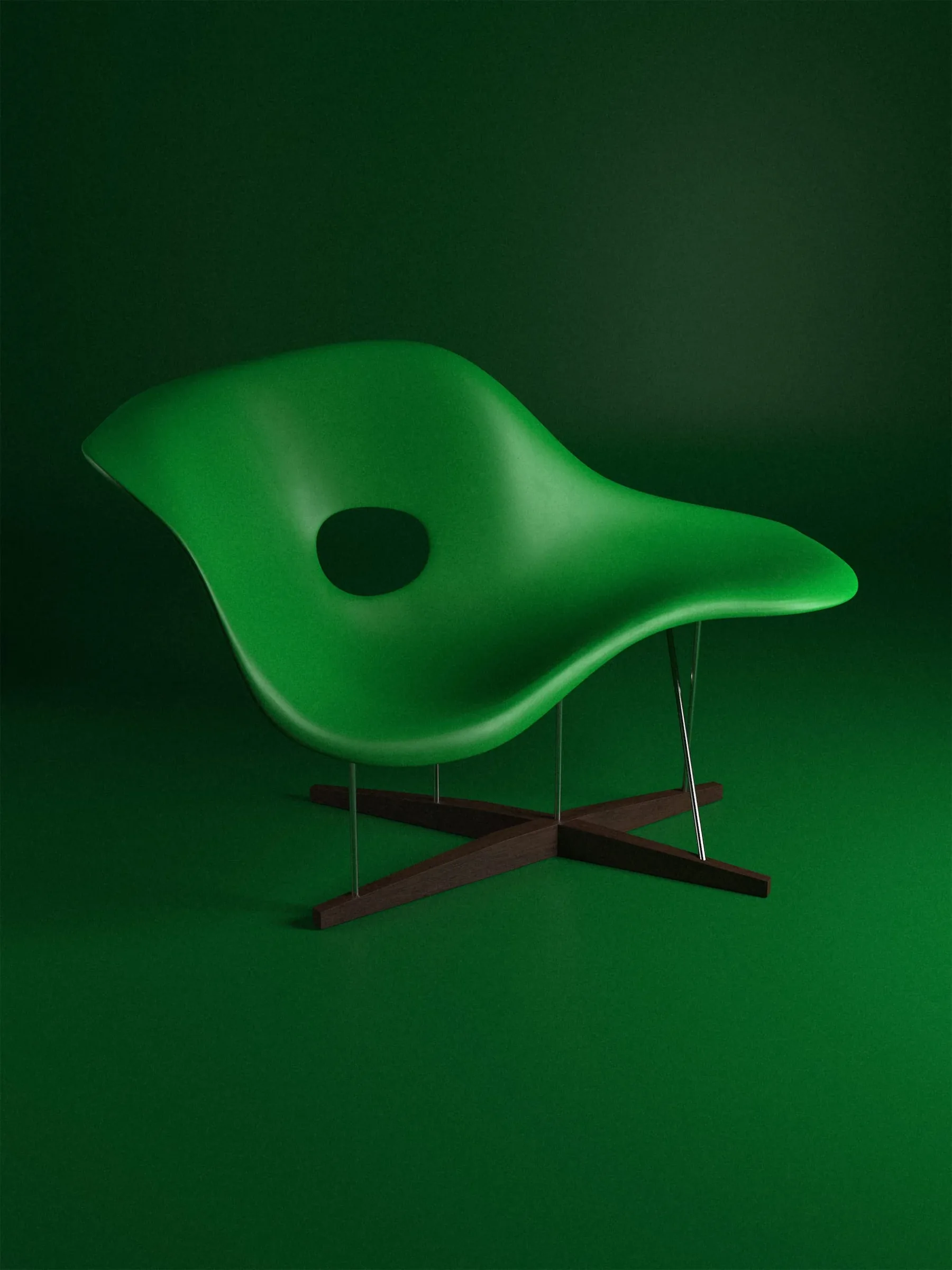 Chaise longue dalla scocca organica col foro, tutta verde Bottega su base in legno scuro, su fondo verde: render 3D fotorealistico della collezione Evergreen