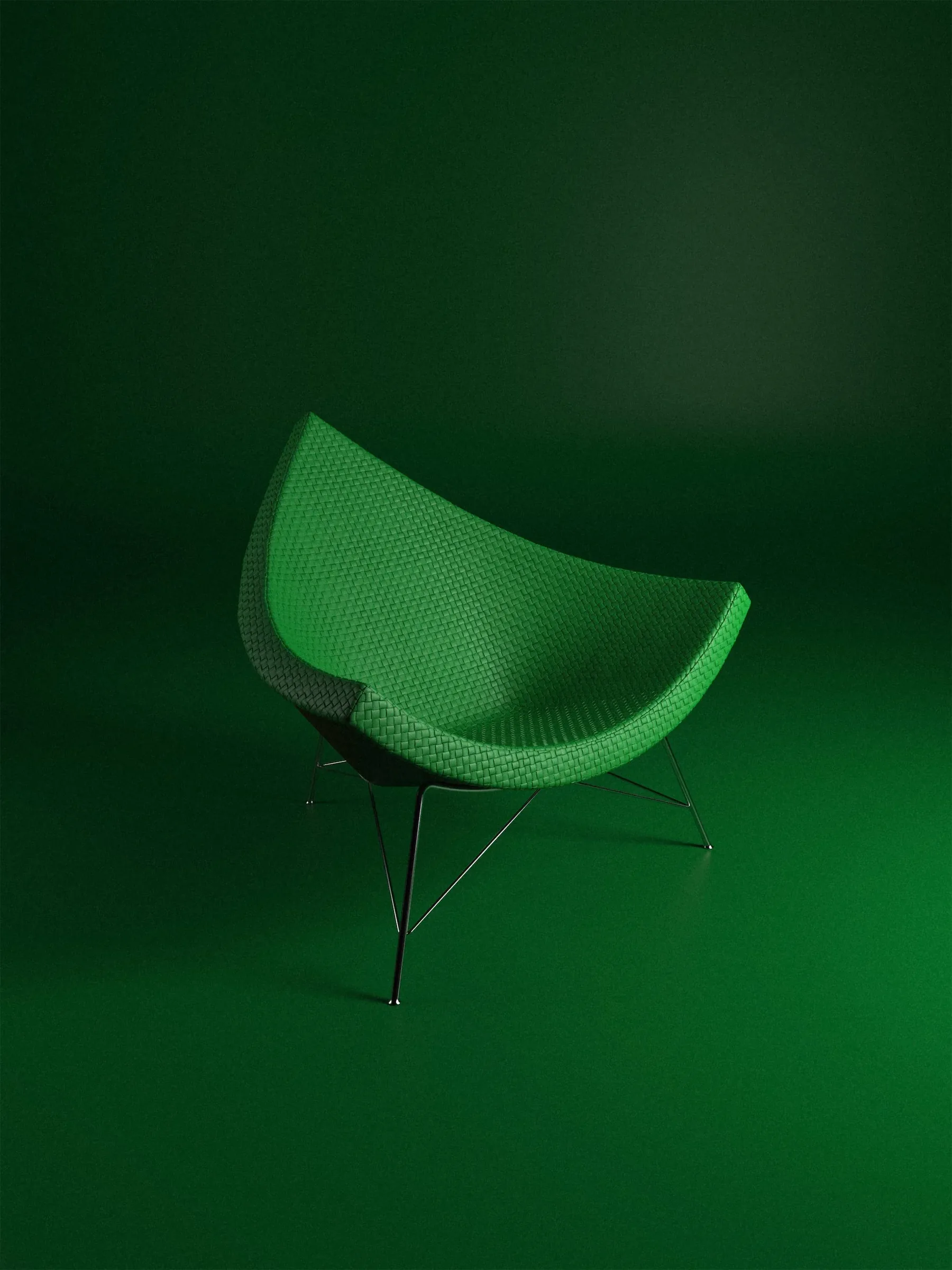 Poltrona a guscio rivestita in intrecciato verde Bottega su gambe sottili in metallo, su fondo verde scuro: render 3D fotorealistico della collezione Evergreen