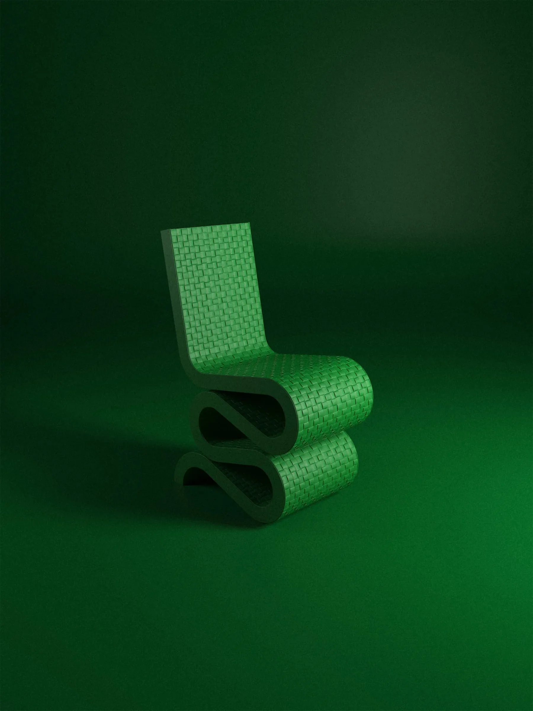 Sedia a onde sovrapposte rivestita interamente in intrecciato verde Bottega, su fondo verde scuro: render 3D fotorealistico della collezione Evergreen