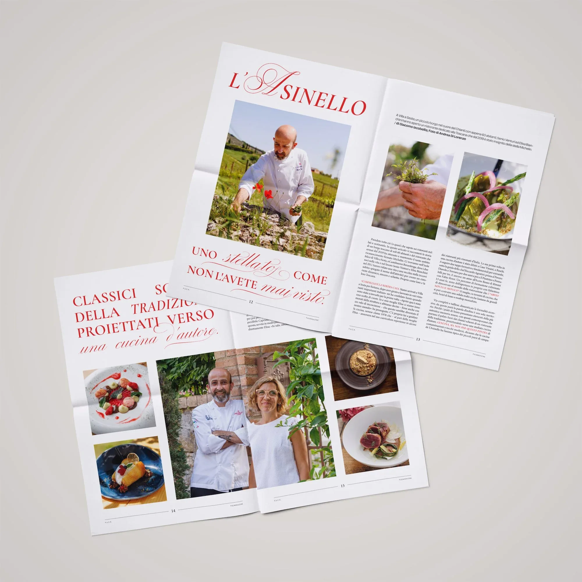 Doppie pagine dell'articolo L'Asinello con il ritratto dello chef, i piatti e la titolazione rossa: impaginato del tabloid F.U.C.K. Magazine