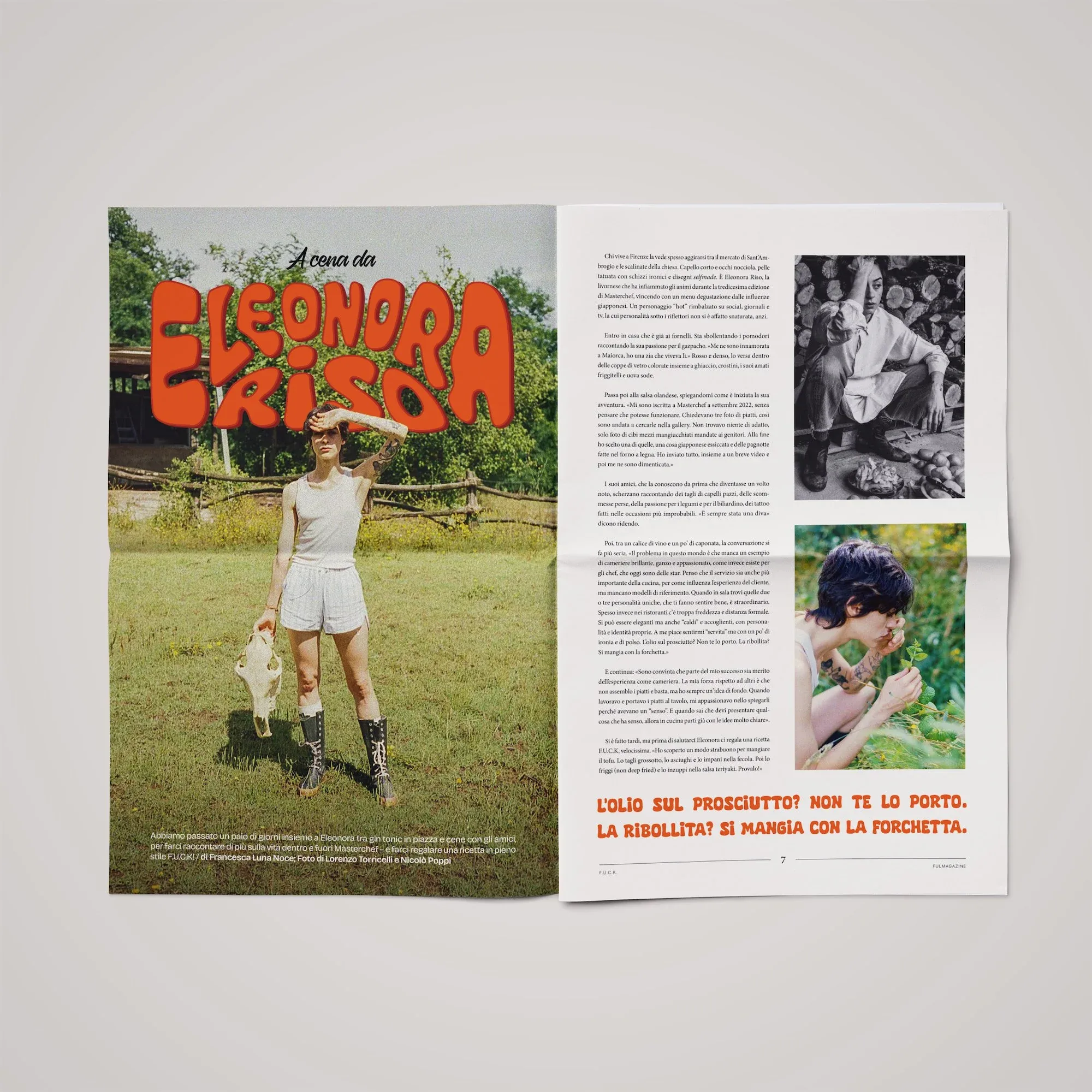 Doppia pagina A cena da Eleonora Riso con il lettering arancione sulla foto in un prato e due foto a lato: impaginato di F.U.C.K. Magazine