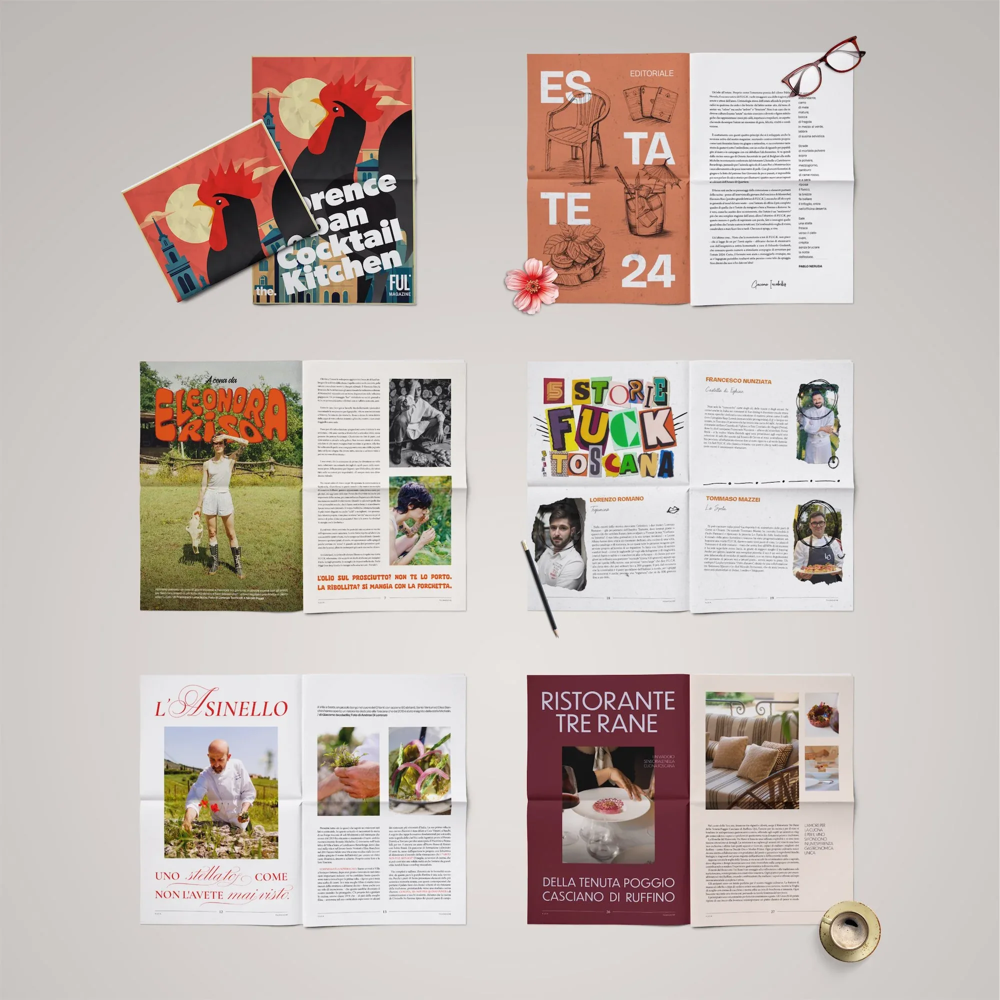 Copertine e doppie pagine di più numeri di F.U.C.K. Magazine disposte dall'alto su fondo grigio chiaro: panoramica del design editoriale
