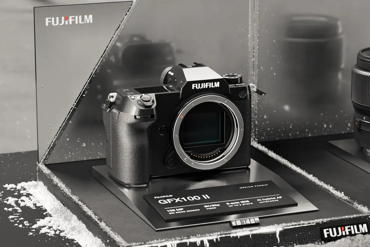 Render in primo piano della Fujifilm GFX100 II sul suo espositore