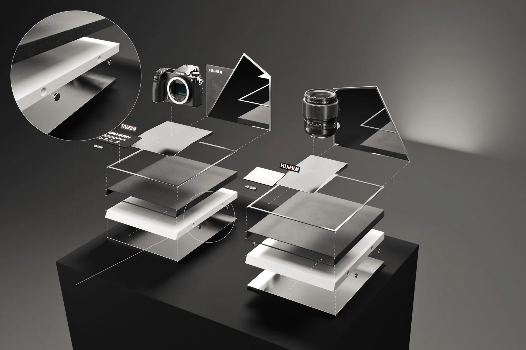 Esploso dell'espositore da banco Fujifilm GFX: i pezzi dei due moduli separati, dalla base in ecopelle agli specchi: render 3D