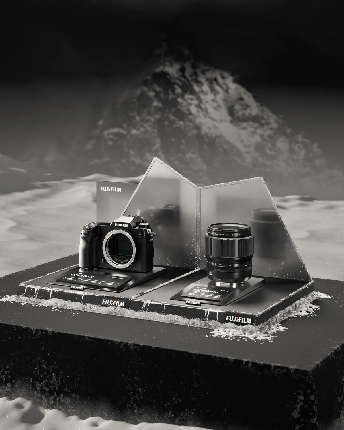 I due moduli dell'espositore Fujifilm GFX, con fotocamera e obiettivo, e una montagna innevata sullo sfondo: render 3D in bianco e nero