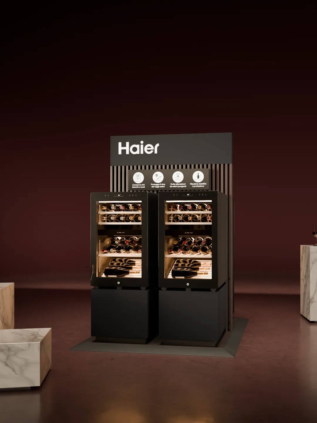 Comet vista di fronte: le cantinette da vino Haier accese sotto lo scatolato col logo. Render 3D