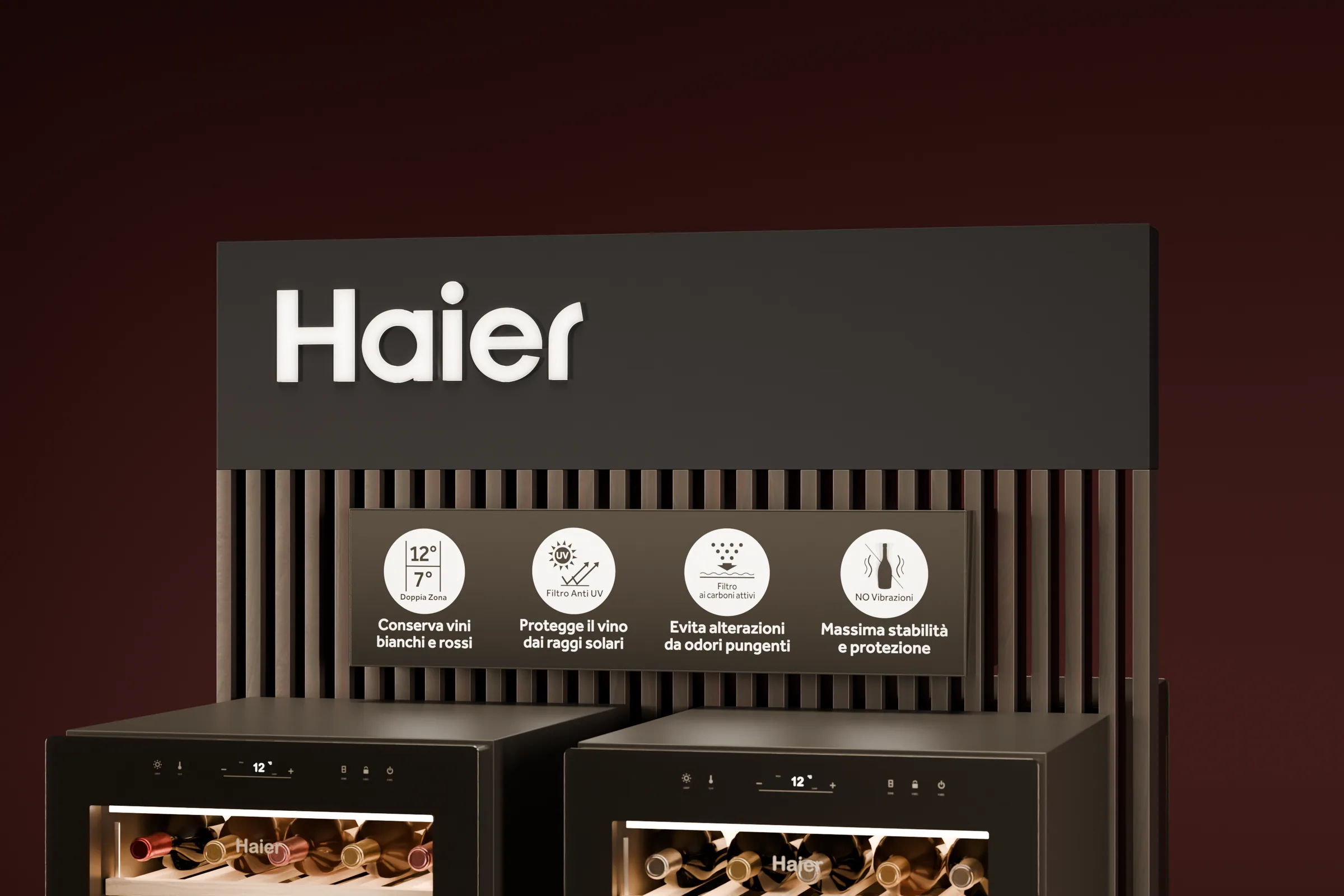 Lo scatolato col logo Haier luminoso e le icone, sopra le cantinette da vino di Comet: render 3D