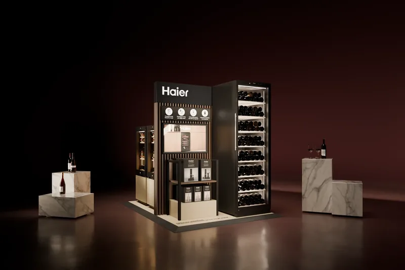 Isola espositiva Haier con le cantinette da vino accese, la testata scura col logo e una colonna di bottiglie, su un fondale bordeaux: render 3D