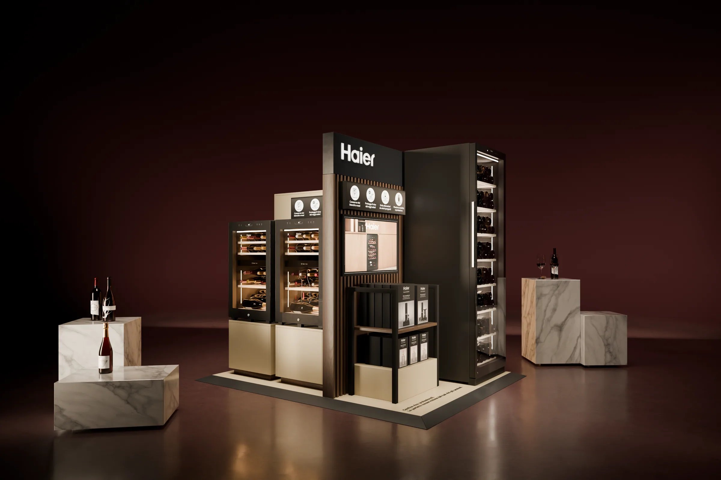 L'isola Haier V1 da un altro lato, con la colonna delle bottiglie coricate e i plinti in marmo intorno: render 3D