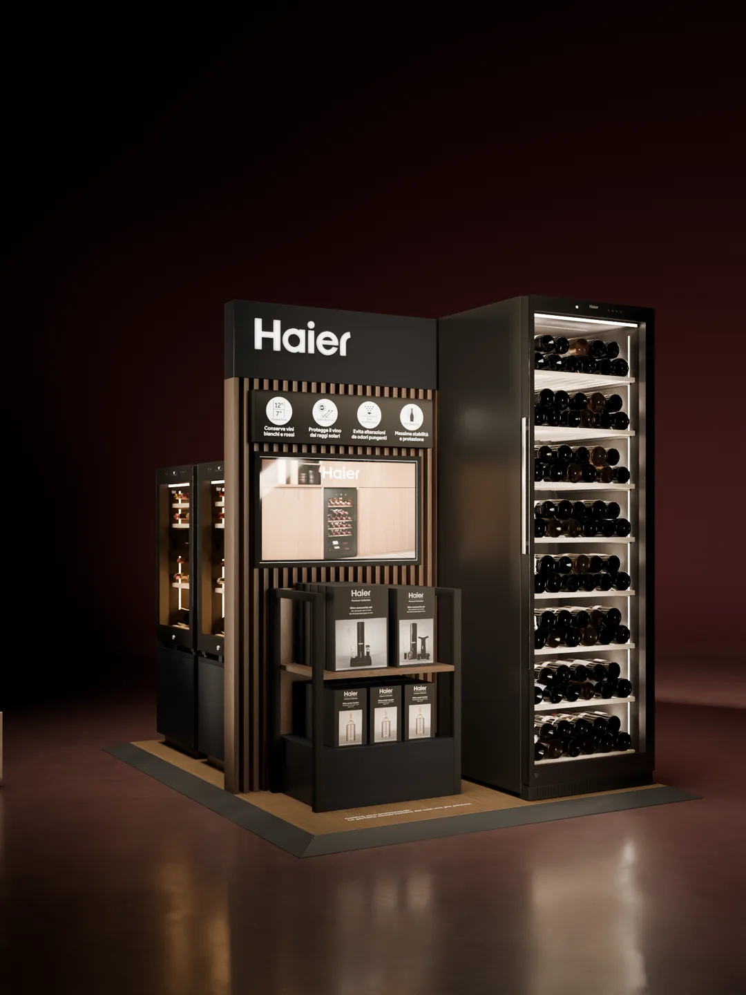 La versione V2 dell'isola Haier per cantinette da vino, vista di tre quarti, con la testata scura e la colonna di bottiglie: render 3D