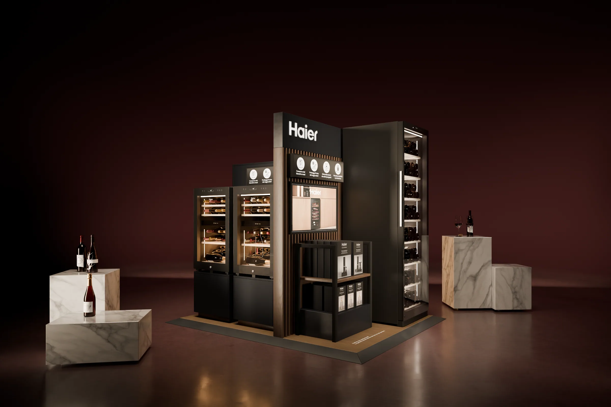L'isola Haier V2 nella finitura nera, con le cantinette da vino accese e la colonna delle bottiglie: render 3D