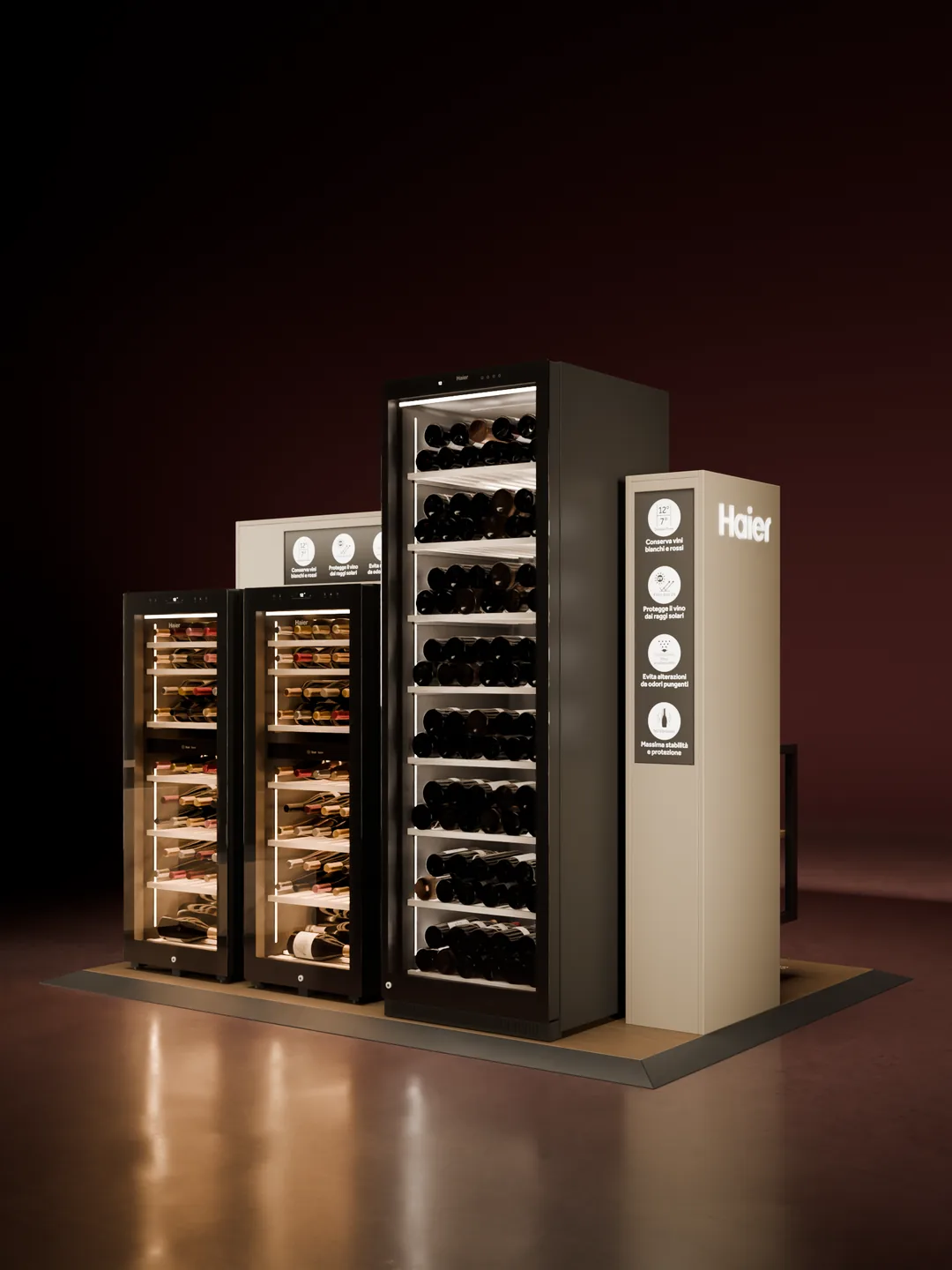 La versione V3 dell'isola Haier: il pannello chiaro sopra le cantine e la colonna col logo in verticale. Render 3D