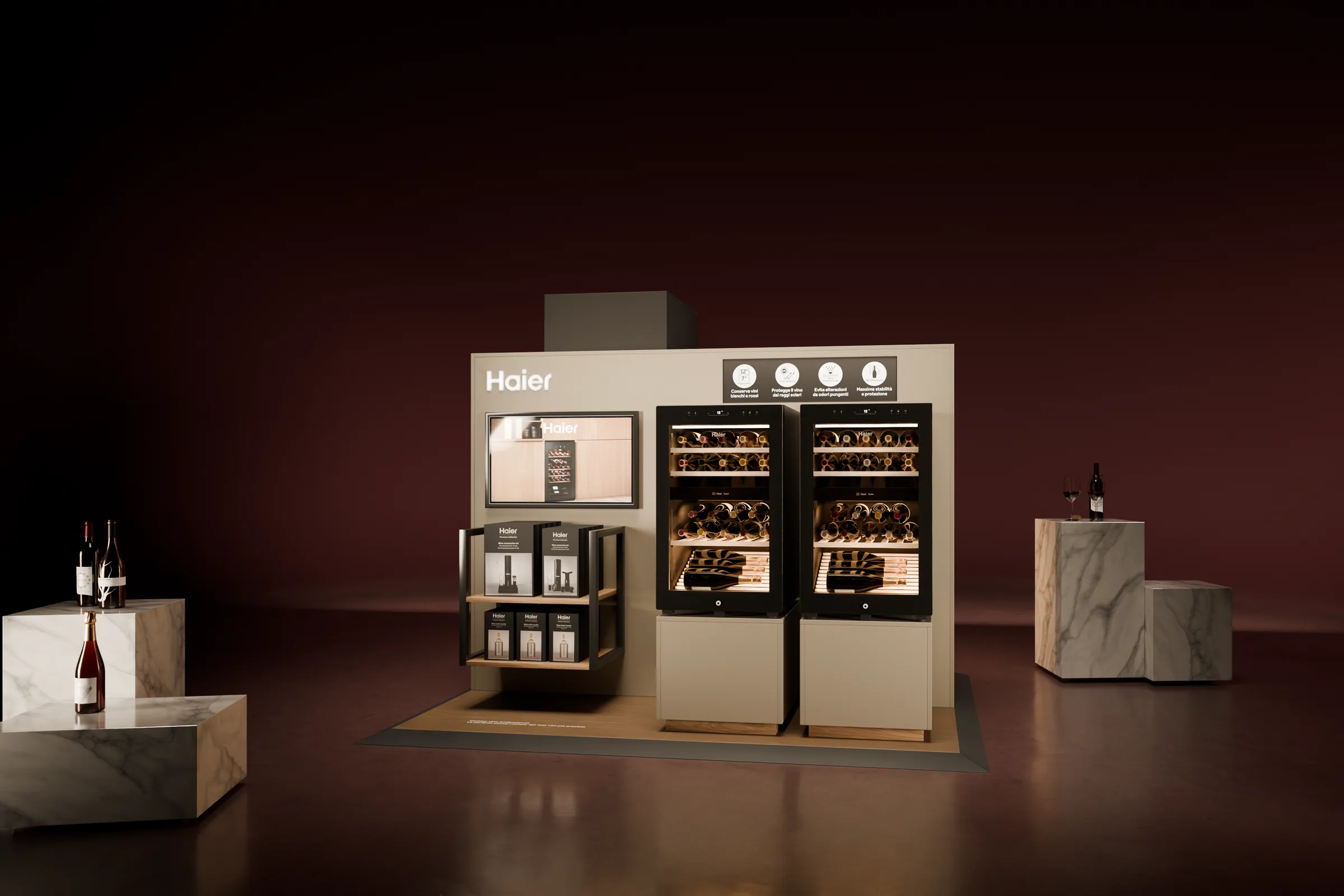 L'isola Haier V3 vista di fronte: due cantinette da vino accese, il pannello chiaro con le icone e lo schermo. Render 3D