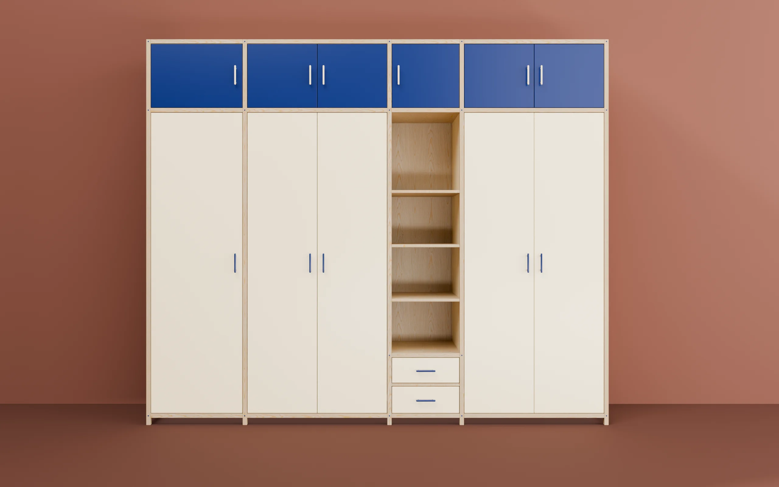Parete armadio Telaio nordico, corpo panna e fascia alta blu cobalto, su un set terracotta: render d'arredo
