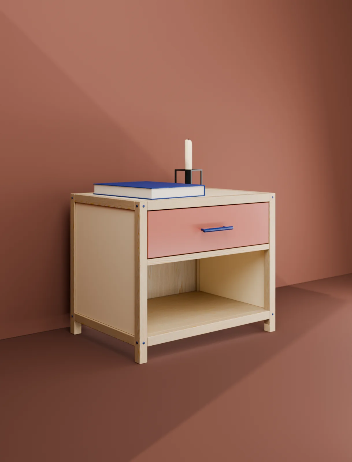 Comodino in frassino con pioli cobalto e cassetto terracotta su un set terracotta: render d'arredo