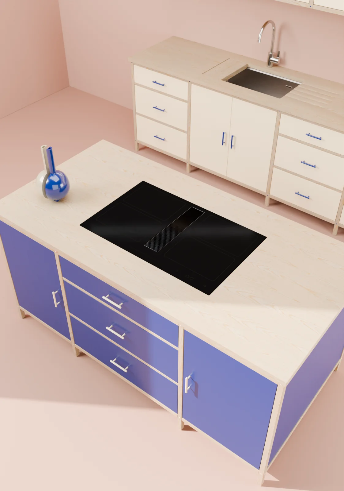 Isola della cucina vista dall'alto, ante blu cobalto e piano cottura a induzione nel frassino: render d'arredo