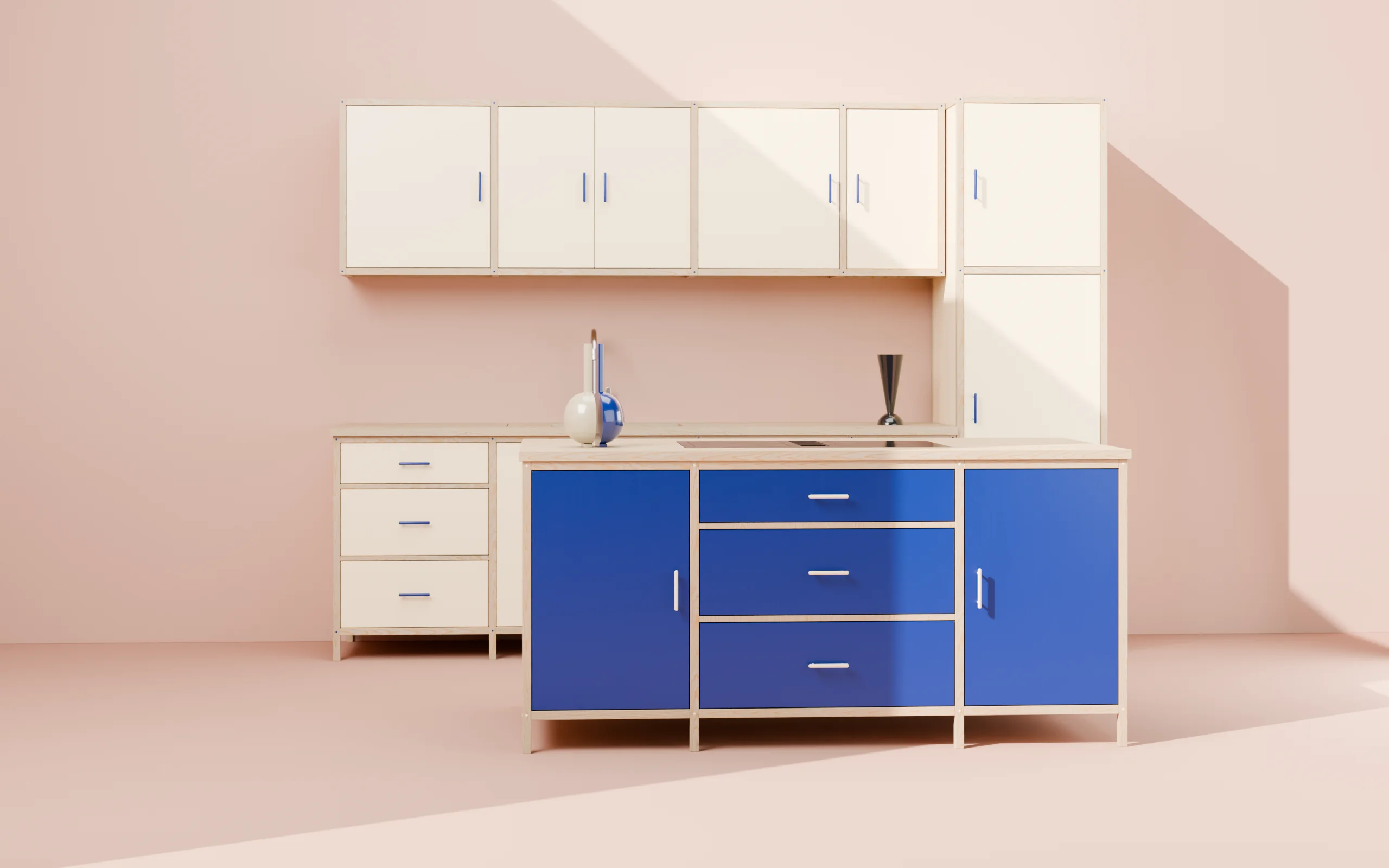 Cucina in frassino e laccato su un set rosa, muro e pavimento dello stesso colore: render d'arredo