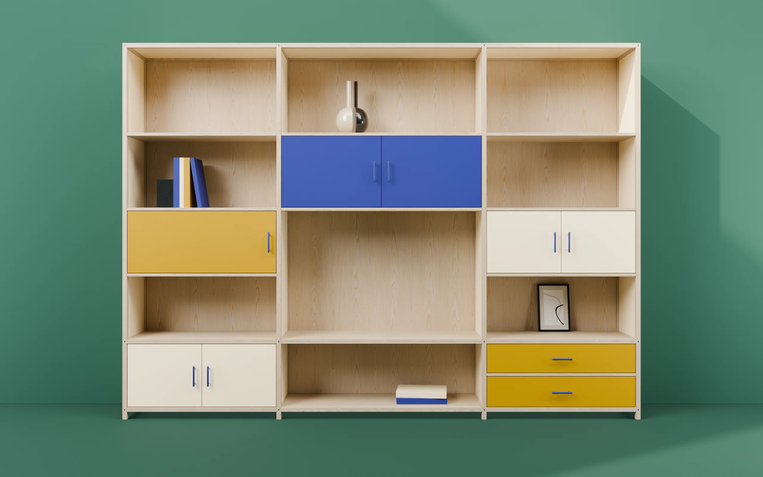 Parete attrezzata in frassino con ante blu, senape e panna su un set verde, muro e pavimento dello stesso colore: render d'arredo di Holm & Nesti