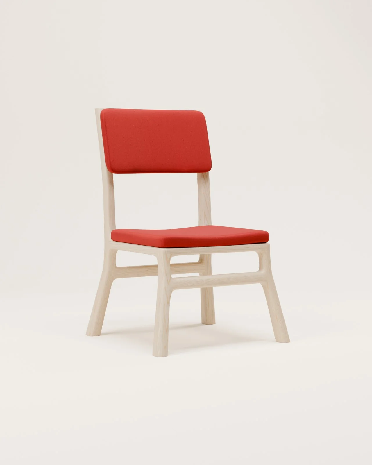 Sedia in frassino con seduta e schienale rossi su fondo latte: render di prodotto per il catalogo Holm & Nesti